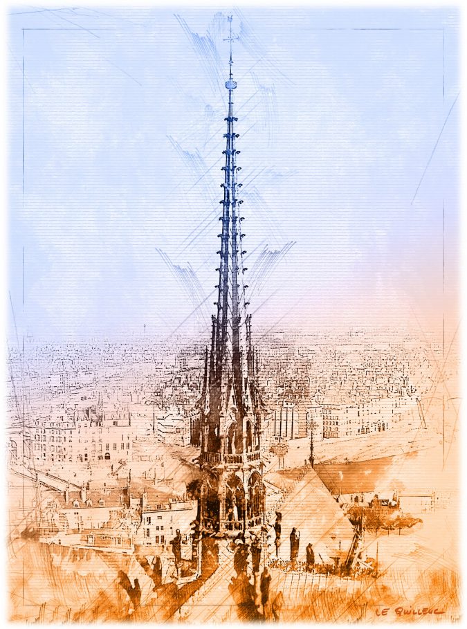 Le Quilleuc Artiste Peintre - Dessin - Estampe digitale - Flèche de la Cathédrale de Paris.