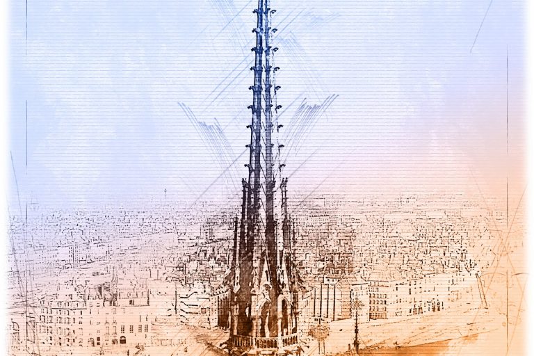 Le Quilleuc Artiste Peintre - Dessin - Estampe digitale - Flèche de la Cathédrale de Paris.