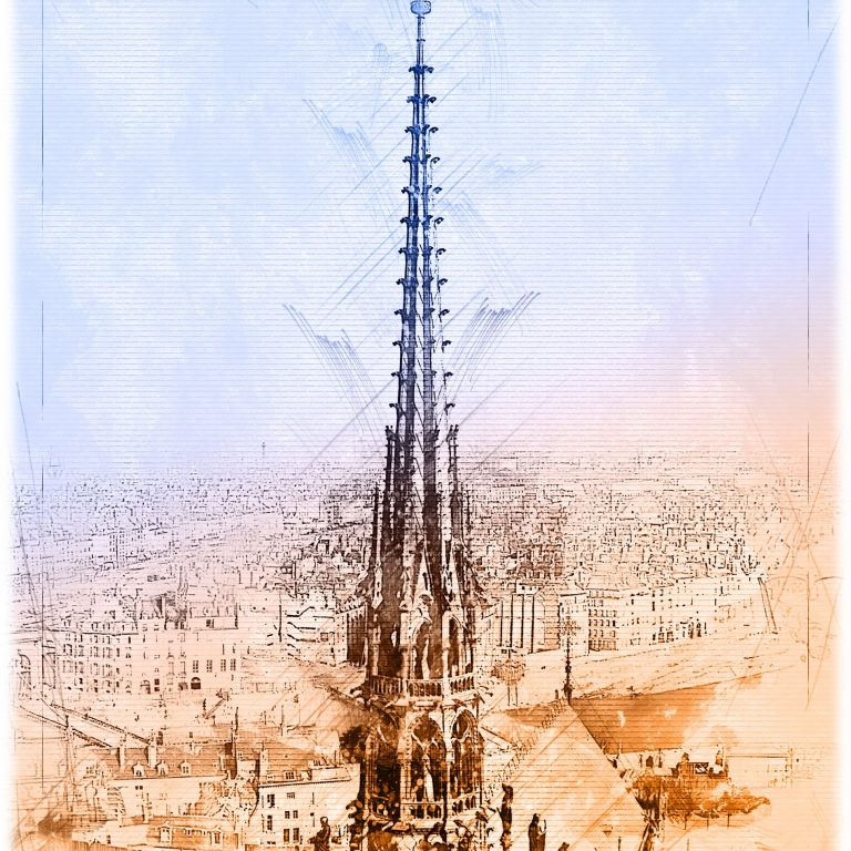 Le Quilleuc Artiste Peintre - Dessin - Estampe digitale - Flèche de la Cathédrale de Paris.