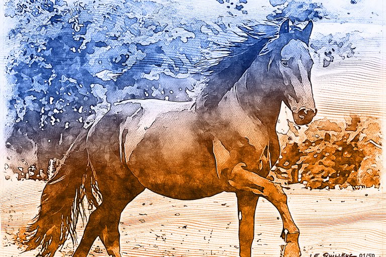 tableau de l’artiste peintre Yannick Le Quilleuc “Foulée dans les herbes” Yannick Le Quilleuc - dessin de chevaux à Bazas
